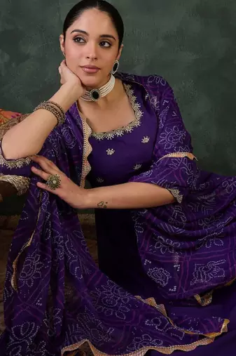 Embroidered square neck anarkali kurta with trousers and dupatta