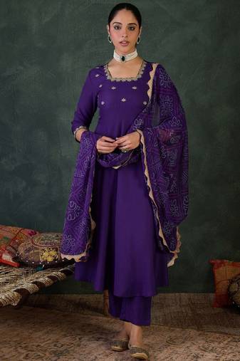 Embroidered square neck anarkali kurta with trousers and dupatta