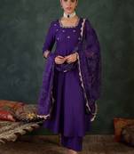 Embroidered square neck anarkali kurta with trousers and dupatta