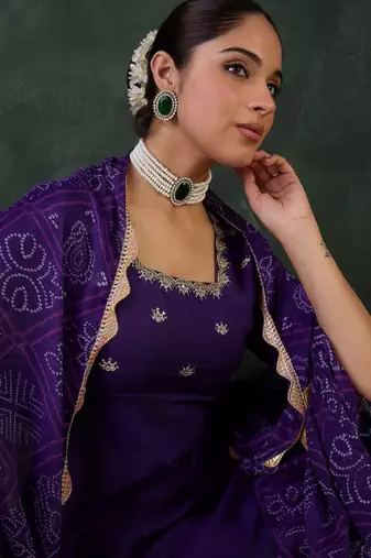 Embroidered square neck anarkali kurta with trousers and dupatta