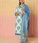 Women floral printed regular pure cotton kurta with trousers & with dupatta