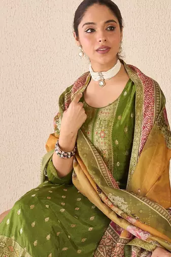Floral printed round neck kurta with trousers & dupatta