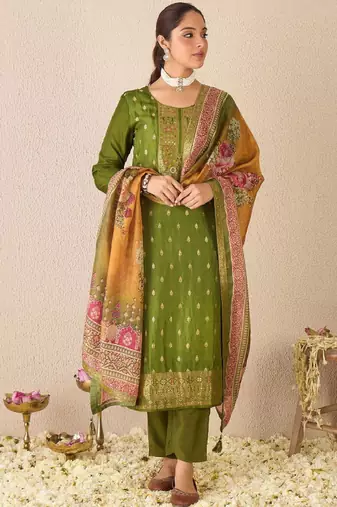 Floral printed round neck kurta with trousers & dupatta