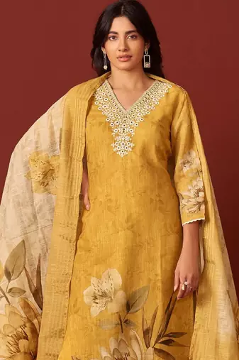 Women floral embroidered cotton kurta with trousers & dupatta