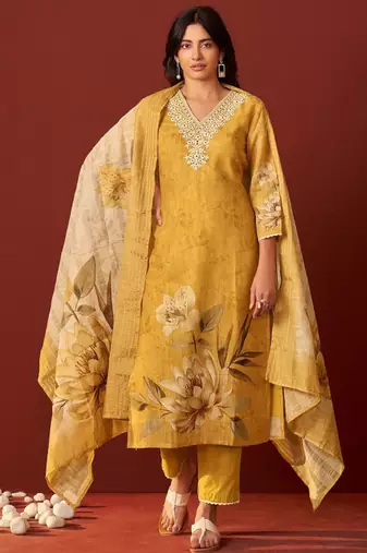 Women floral embroidered cotton kurta with trousers & dupatta