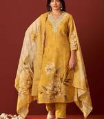 Women floral embroidered cotton kurta with trousers & dupatta