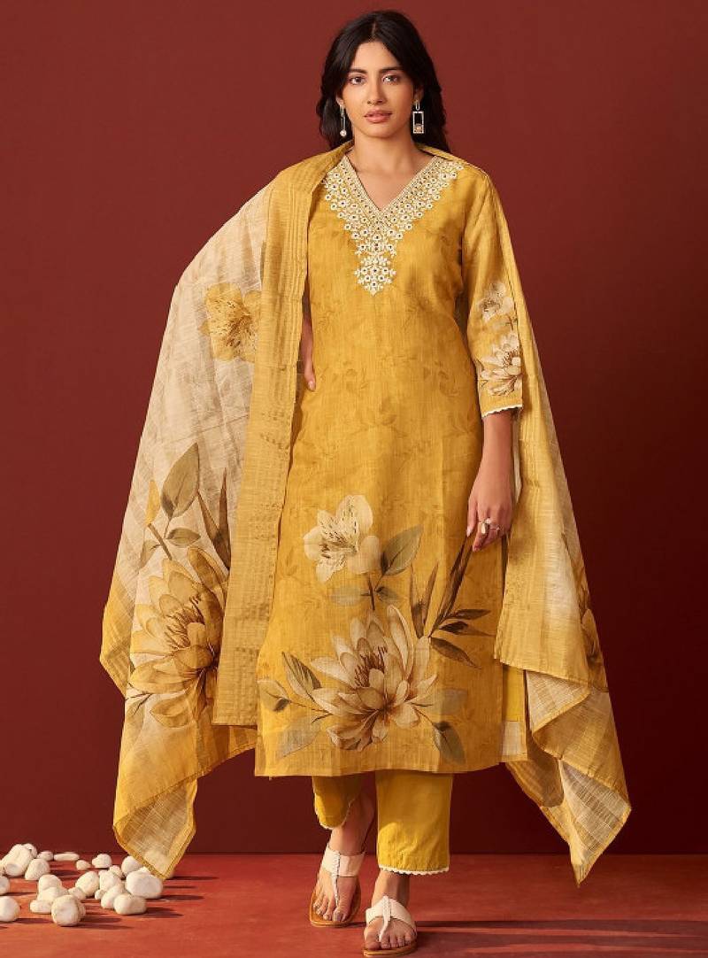 Women floral embroidered cotton kurta with trousers & dupatta