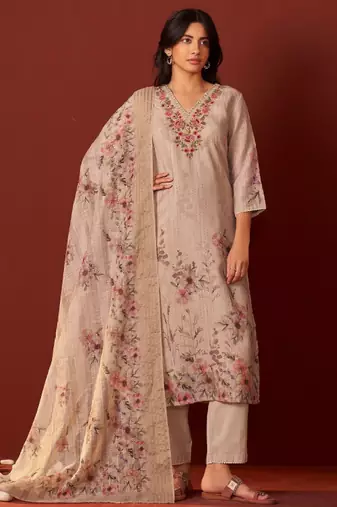 Women floral embroidered linen kurta with trousers & dupatta