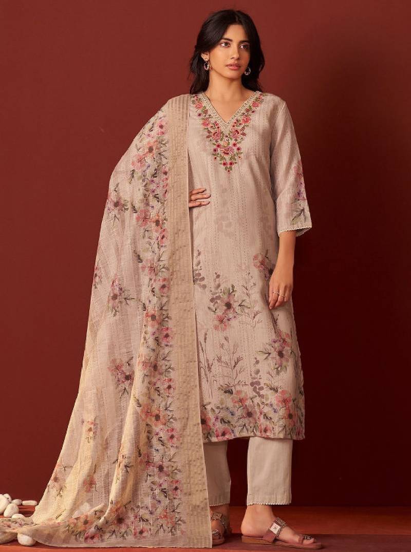 Women floral embroidered linen kurta with trousers & dupatta