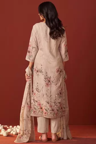 Women floral embroidered linen kurta with trousers & dupatta
