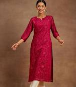 Floral embroidered notch neck chanderi silk straight kurta
