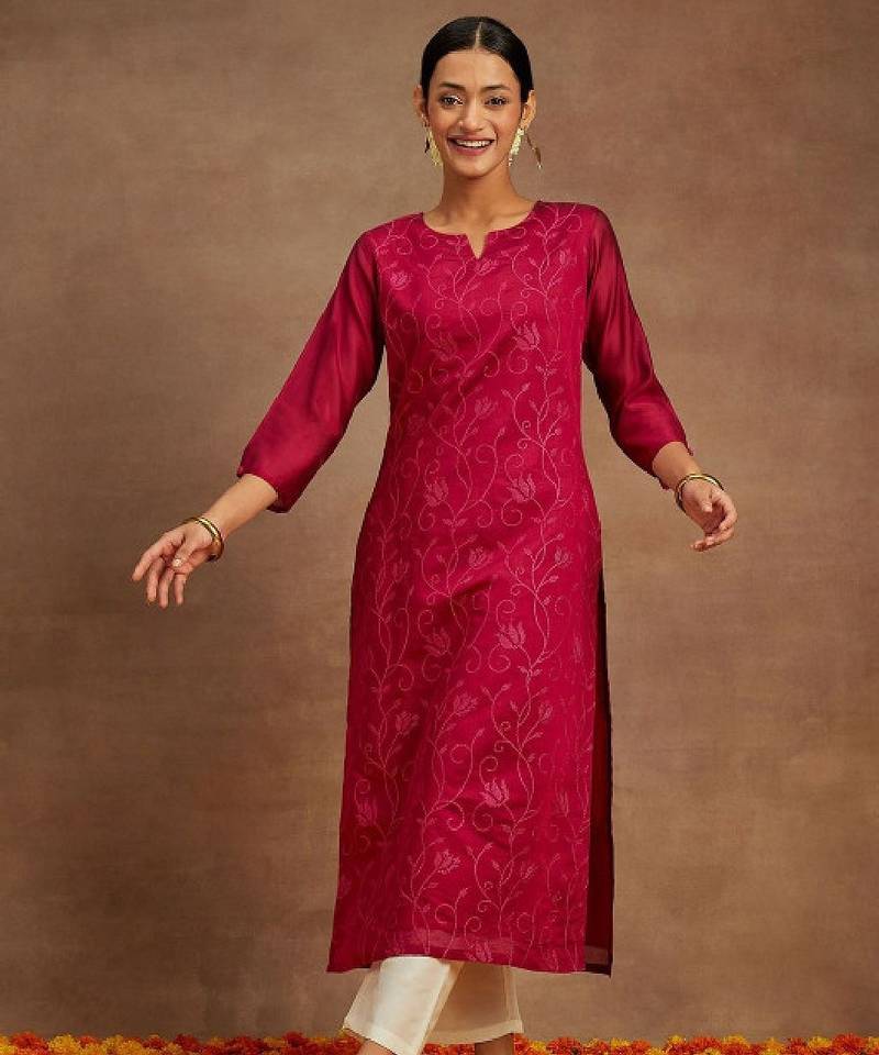 Floral embroidered notch neck chanderi silk straight kurta