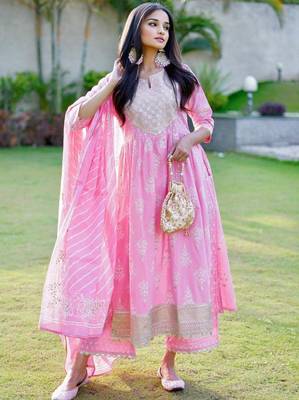 Womens pink yoke design cotton anarkali kurta with palazzos & dupatta 1