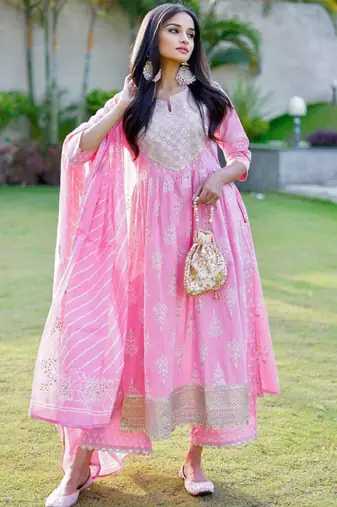 Womens pink yoke design cotton anarkali kurta with palazzos & dupatta