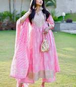 Womens pink yoke design cotton anarkali kurta with palazzos & dupatta