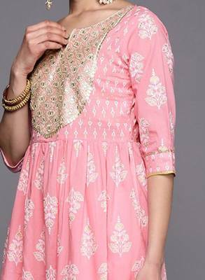 Womens pink yoke design cotton anarkali kurta with palazzos & dupatta 2