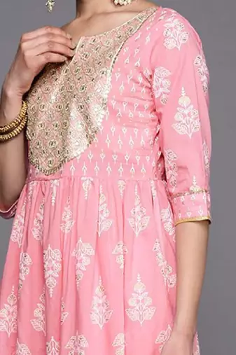 Womens pink yoke design cotton anarkali kurta with palazzos & dupatta