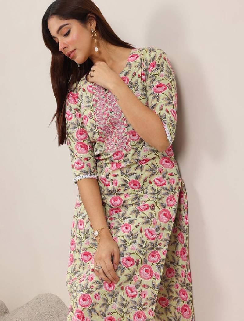 Floral printed round neck straight kurta with trouser