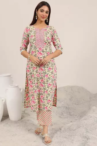 Floral printed round neck straight kurta with trouser