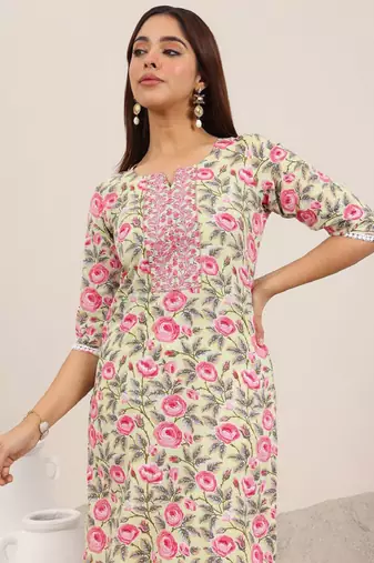 Floral printed round neck straight kurta with trouser
