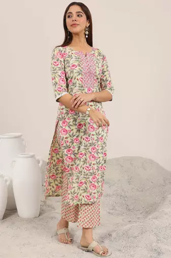 Floral printed round neck straight kurta with trouser