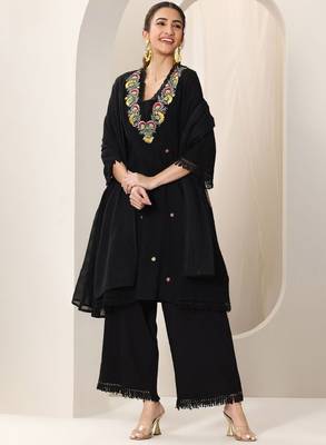 Floral embroidered mirror work a-line kurta with trousers and dupatta 1