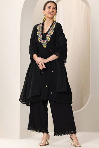 Floral embroidered mirror work a-line kurta with trousers and dupatta