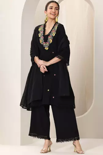Floral embroidered mirror work a-line kurta with trousers and dupatta