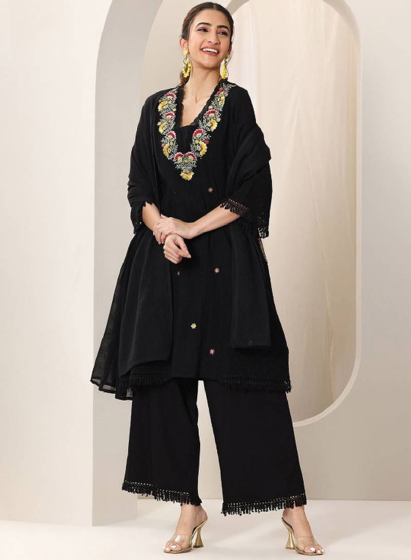 Floral embroidered mirror work a-line kurta with trousers and dupatta