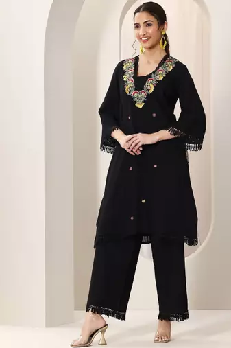 Floral embroidered mirror work a-line kurta with trousers and dupatta