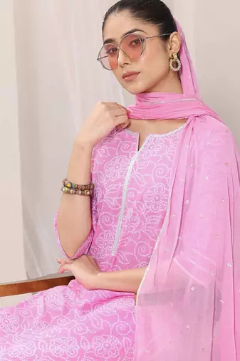 Bandhani printed thread work straight kurta with palazzos & dupatta