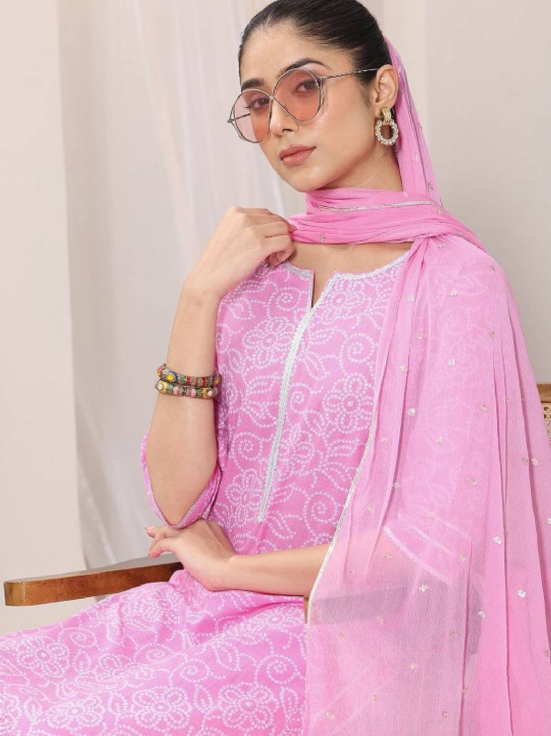 Bandhani printed thread work straight kurta with palazzos & dupatta