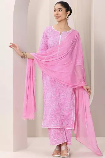 Bandhani printed thread work straight kurta with palazzos & dupatta