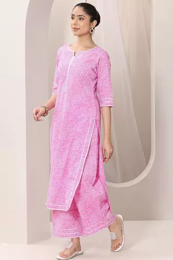 Bandhani printed thread work straight kurta with palazzos & dupatta