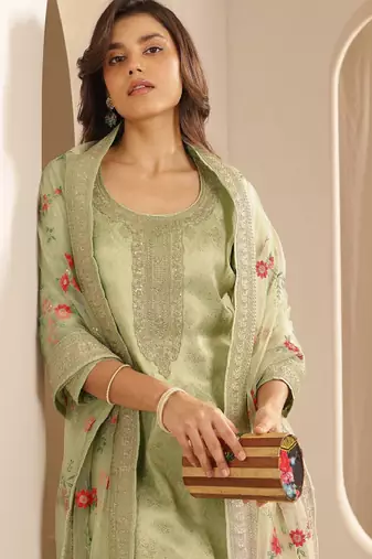 Floral woven design zari straight kurta with trousers and dupatta