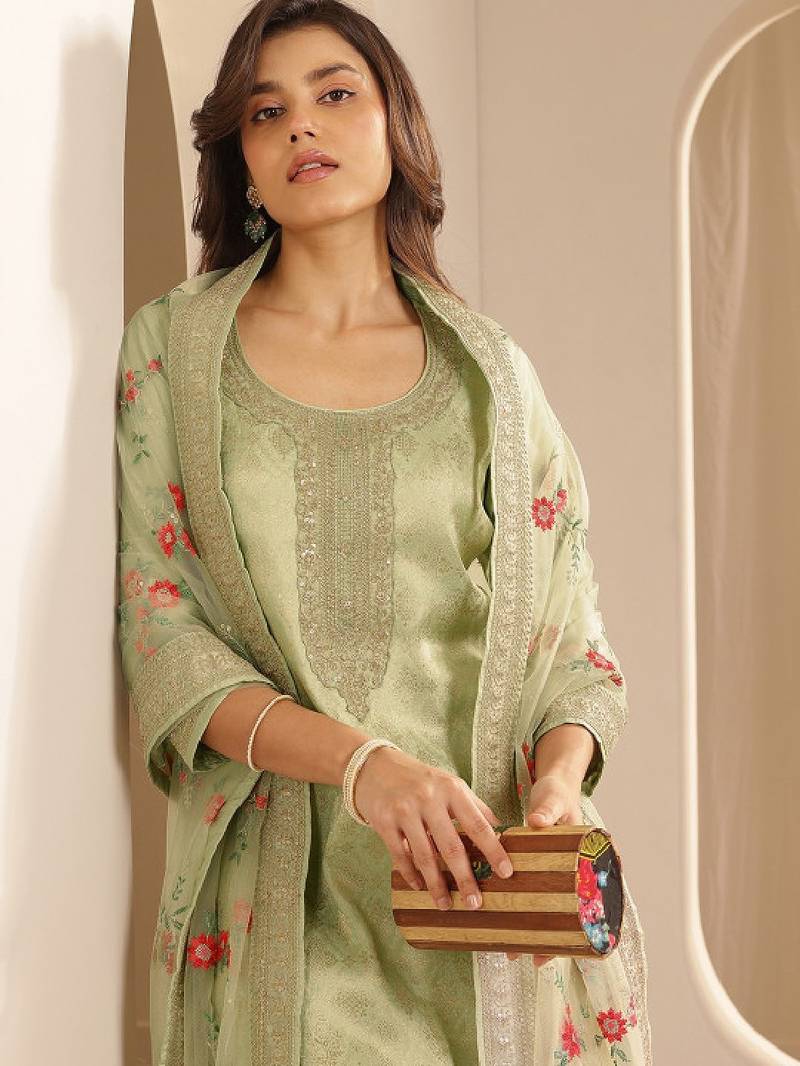 Floral woven design zari straight kurta with trousers and dupatta