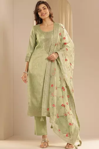 Floral woven design zari straight kurta with trousers and dupatta