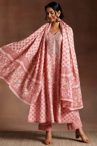 V-neck sequnnied empire a-line kurta with trousers & dupatta