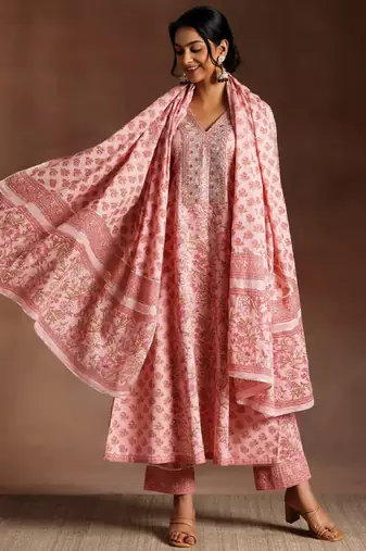 V-neck sequnnied empire a-line kurta with trousers & dupatta