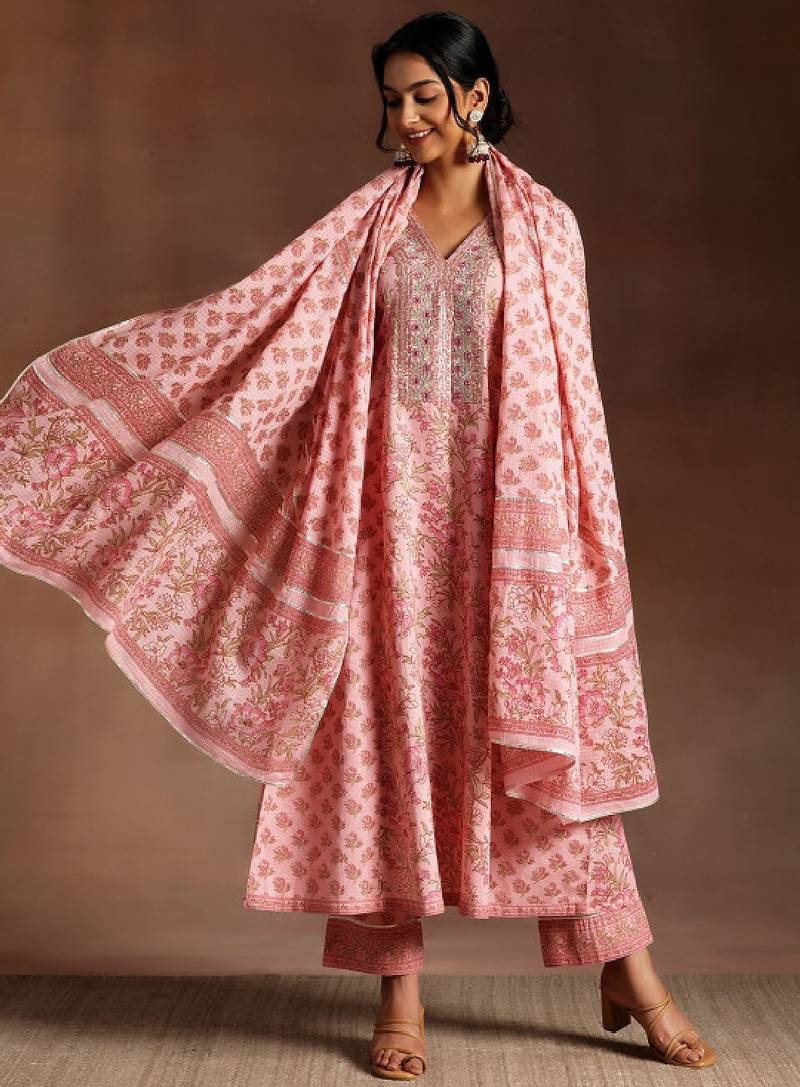 V-neck sequnnied empire a-line kurta with trousers & dupatta