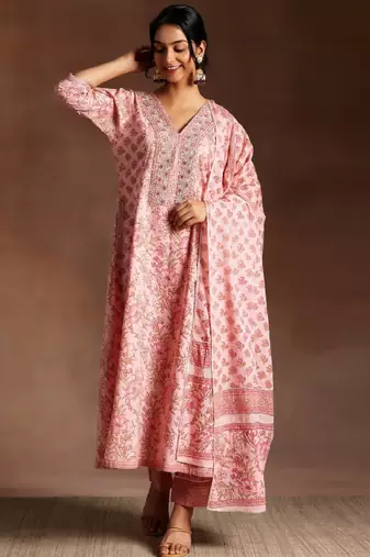 V-neck sequnnied empire a-line kurta with trousers & dupatta