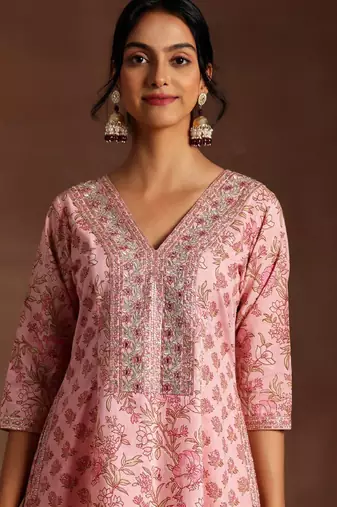V-neck sequnnied empire a-line kurta with trousers & dupatta