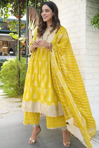 women floral printed sequinned work high slit kurta with palazzos & dupatta