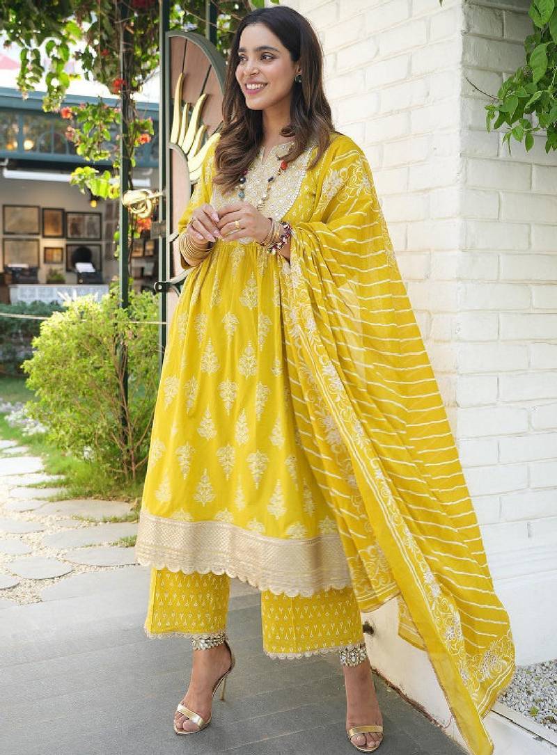 women floral printed sequinned work high slit kurta with palazzos & dupatta