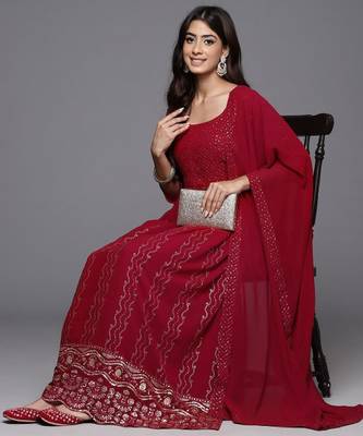 Women ethnic motifs embroidered pleated sequinned kurta with palazzos & with dupatta 1
