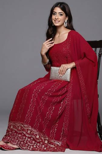 Women ethnic motifs embroidered pleated sequinned kurta with palazzos & with dupatta