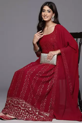 Women ethnic motifs embroidered pleated sequinned kurta with palazzos & with dupatta