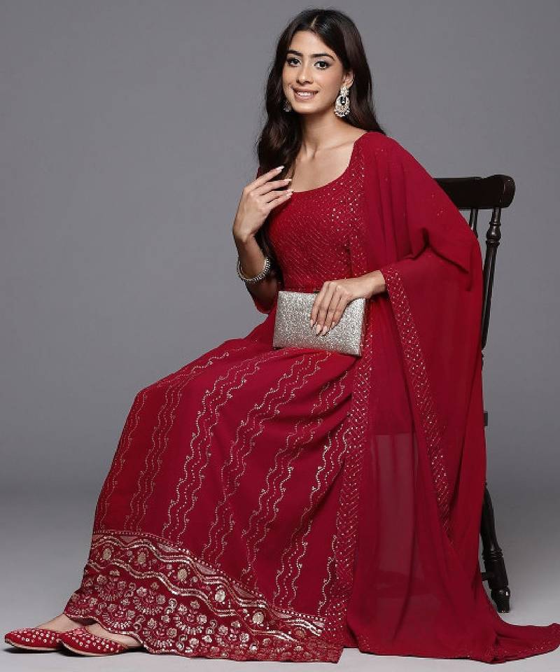 Women ethnic motifs embroidered pleated sequinned kurta with palazzos & with dupatta