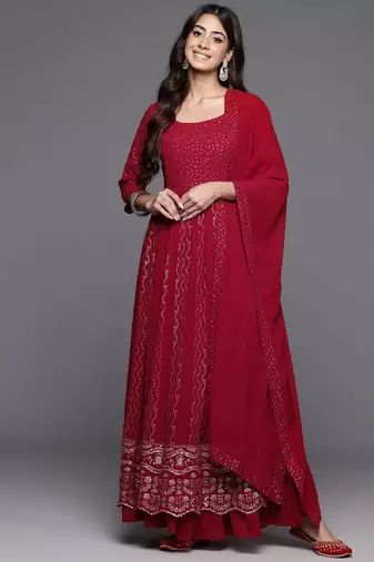 Women ethnic motifs embroidered pleated sequinned kurta with palazzos & with dupatta