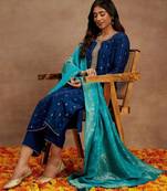 Women ethnic motifs embroidered thread work kurta with trousers & dupatta kurta sets